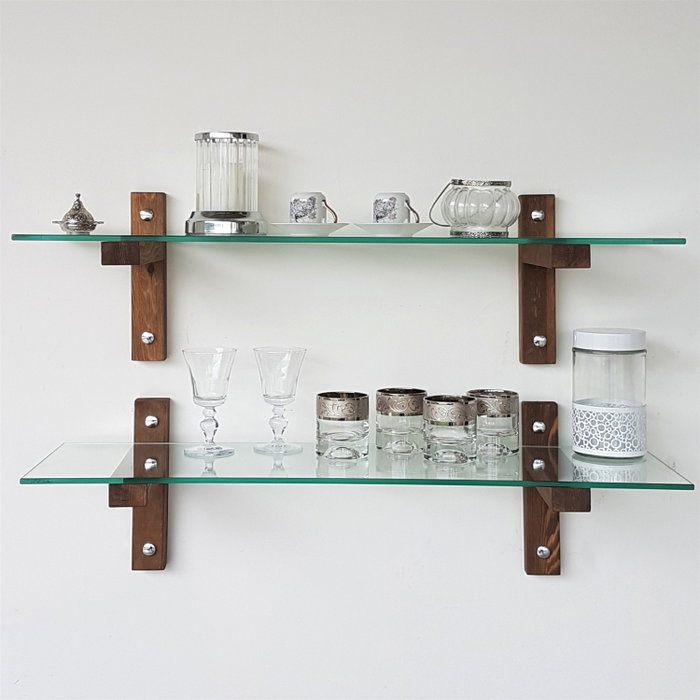 Hanah Home R200 Estantería de pared de cristal templado y madera de pino, Nogal
